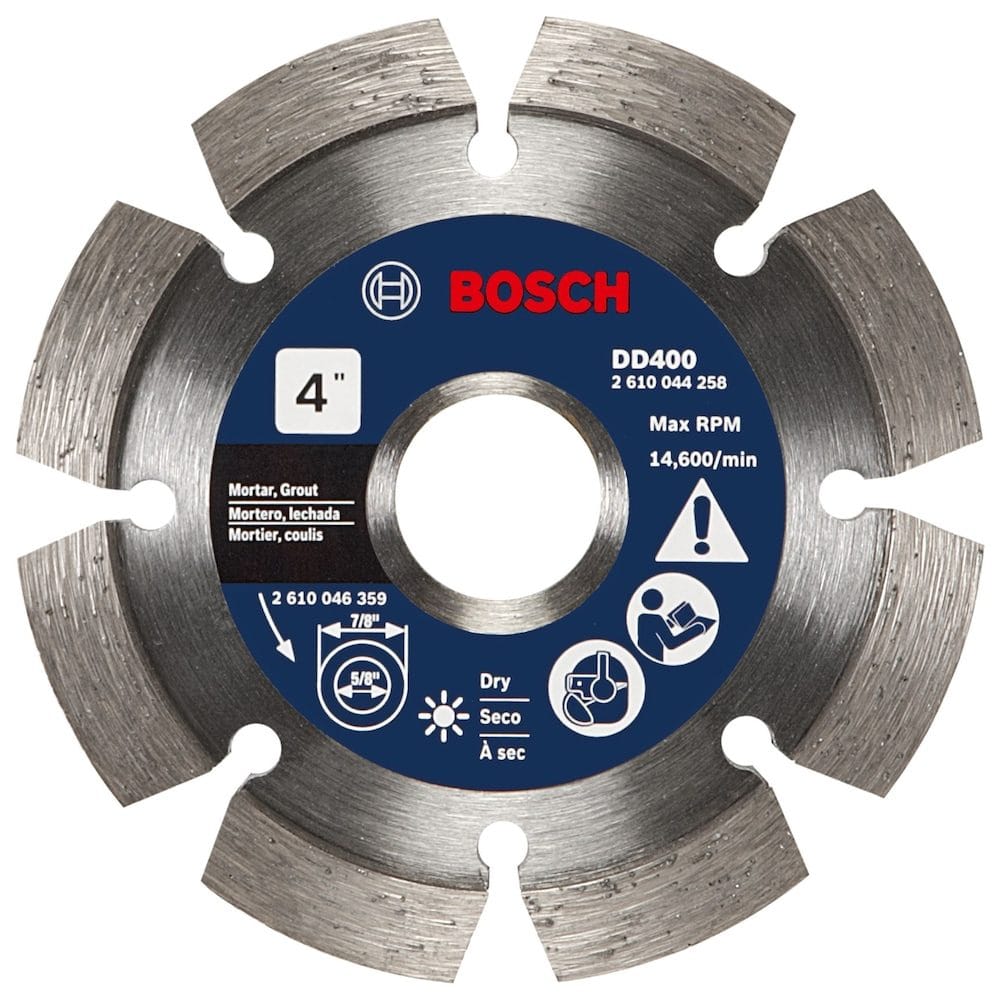 Bosch DD400 4-inch segmented diamond blade labeled for dry cutting mortar and grout, with multilingual text, safety icons, and arbor size indicators for circular saw compatibility.