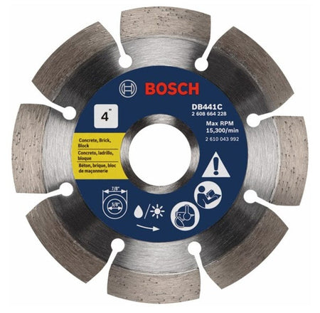 Bosch DB441C segmented diamond blade with multilingual labeling, safety icons, and arbor size indicators, designed for wet or dry cutting of masonry materials.