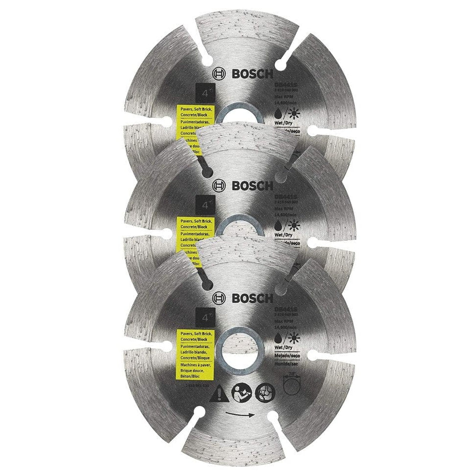 Three Bosch 4 inch segmented rim diamond blades for universal rough cuts in concrete and pavers stacked vertically to show the 3-pack configuration.