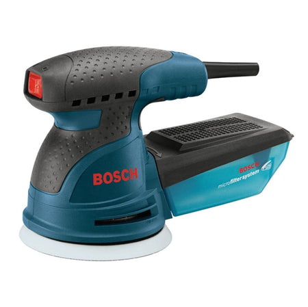 Bosch random orbital sander with blue and black body, red logo, circular sanding pad, and microfilter dust system, designed for smooth surface finishing