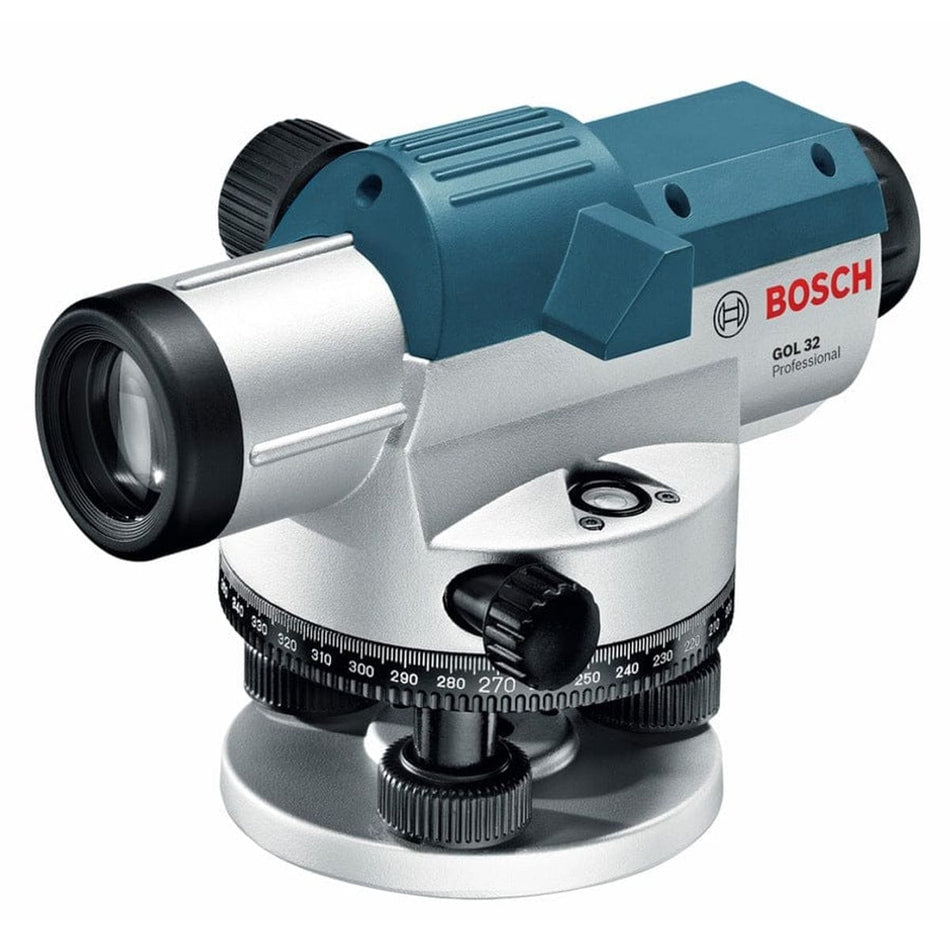 Bosch GOL 32 Professional optical level showing telescope, circular scale, and adjustment knobs for precision use.