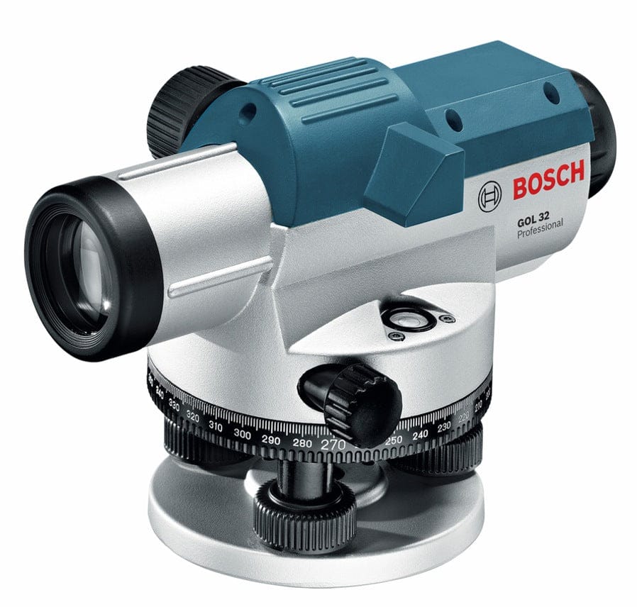 Bosch GOL 32 Professional optical level showing telescope, circular scale, and adjustment knobs for precision use.