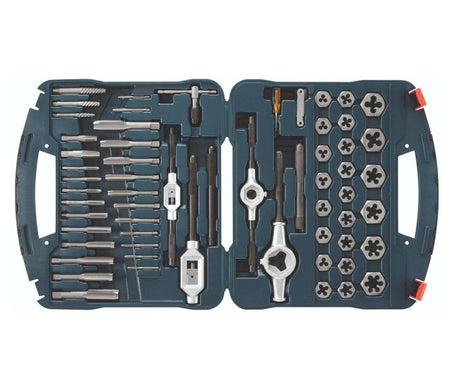 A studio shot of the open Bosch 58-piece tap and die set, showing all taps, dies, wrenches, and accessories organized in the blue hard carrying case.
