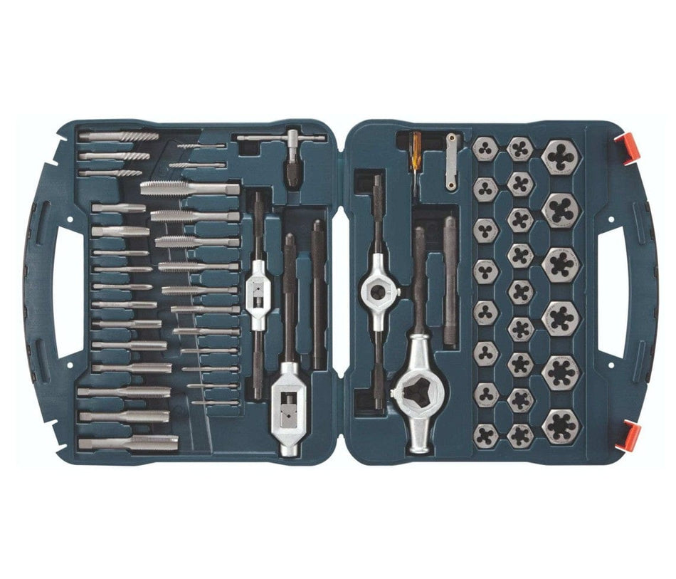 A studio shot of the open Bosch 58-piece tap and die set, showing all taps, dies, wrenches, and accessories organized in the blue hard carrying case.