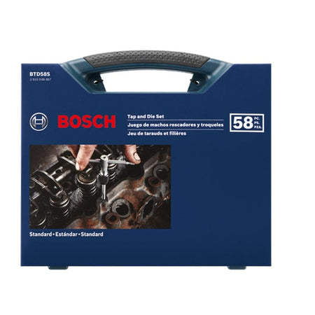 The retail packaging sleeve for the Bosch BTD58S 58-piece tap and die set, showing the carrying case and an action shot of a tap in use.