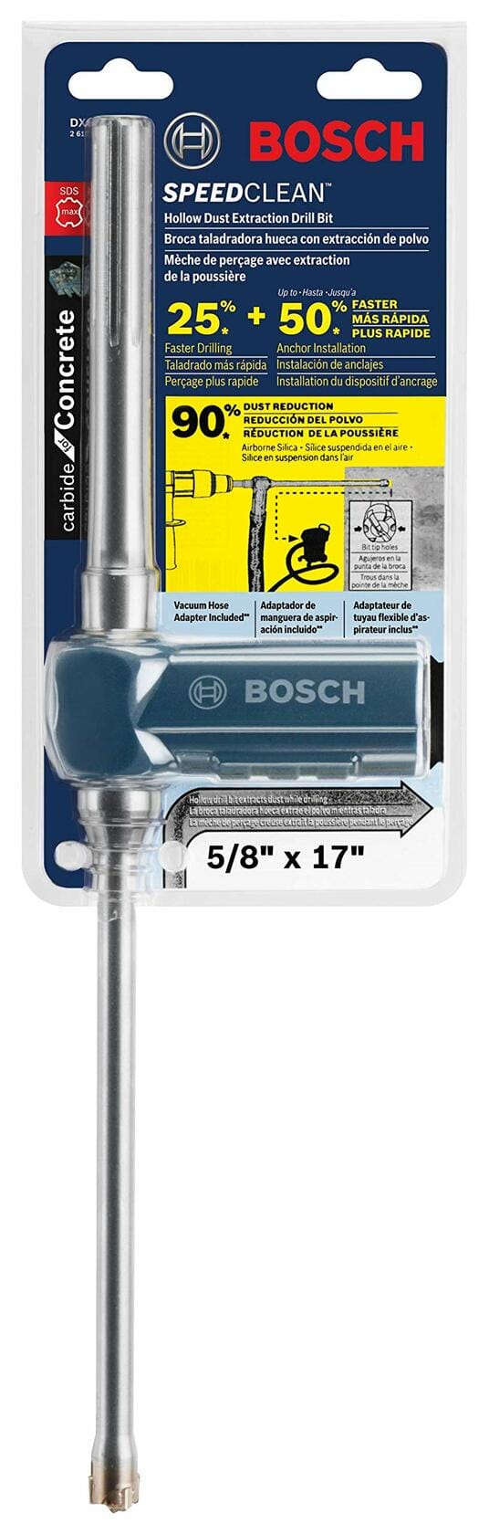Retail packaging of Bosch SpeedClean SDS-max dust extraction bit showing 5/8" x 17" dimensions and key features for concrete drilling.