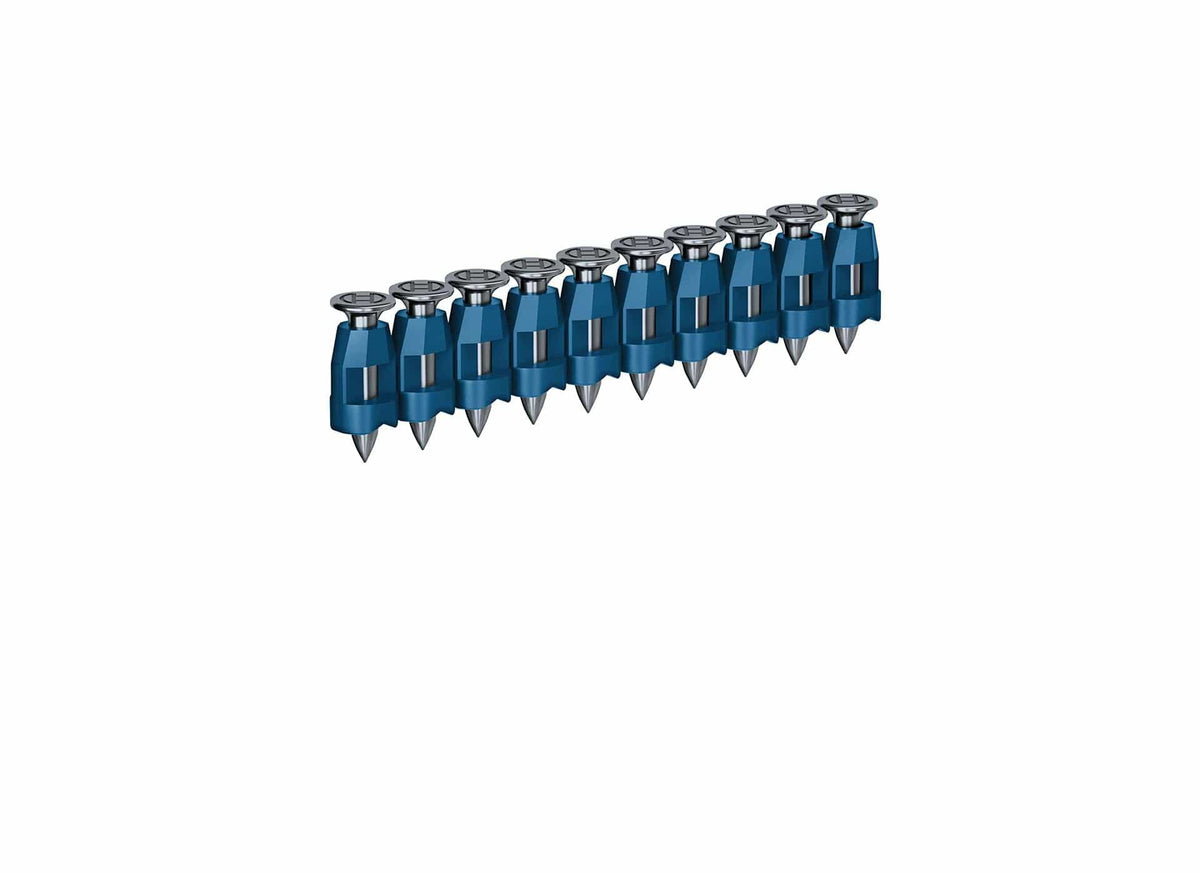 Bosch collated nail strip with evenly spaced fasteners held together by a blue plastic casing. Each nail has a flat head and sharp tip, designed for automated feeding into a concrete nailer for efficient construction fastening