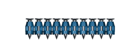 Strip of Bosch collated masonry nails with flat heads and pointed tips held together by a blue plastic strip. Designed for use in nail guns for consistent and rapid fastening in concrete or masonry applications.