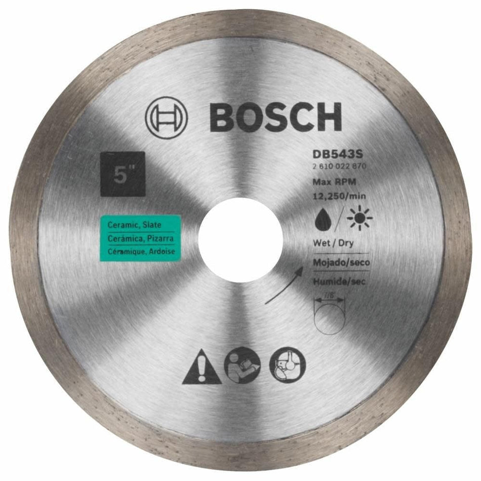 Close-up of Bosch DB543S 5-inch diamond blade labeled for wet or dry use on ceramic and slate.