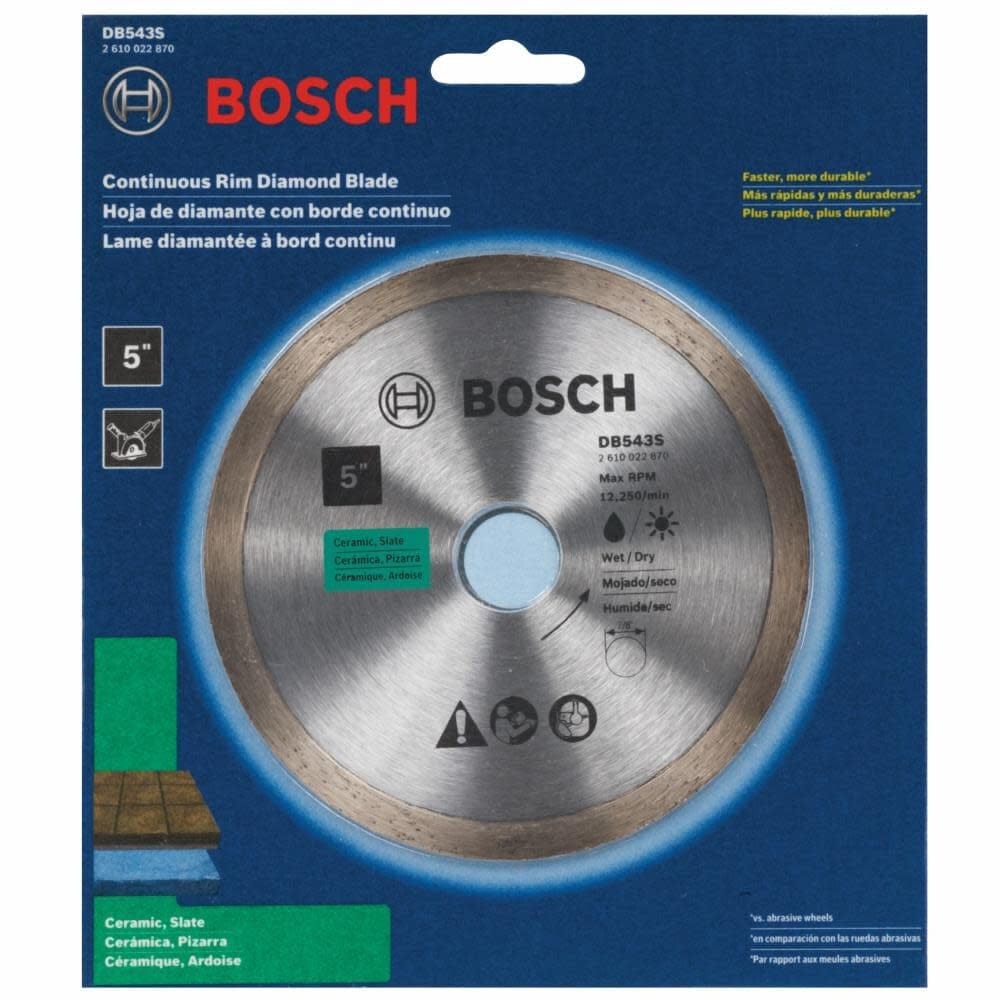 Retail packaging of Bosch DB543S diamond blade showing specs for ceramic and slate cutting applications.