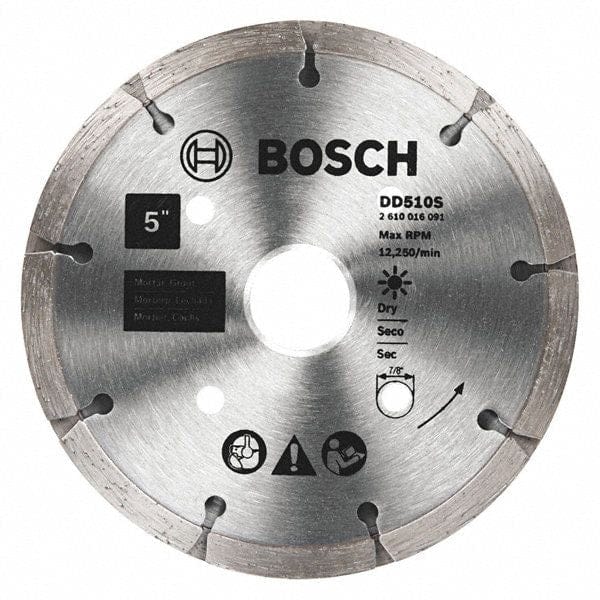 Front view of the Bosch DD510S 5-inch sandwich tuckpointing diamond blade, displaying the thick segmented rim, 7/8 inch arbor hole, and labeling for dry mortar removal.