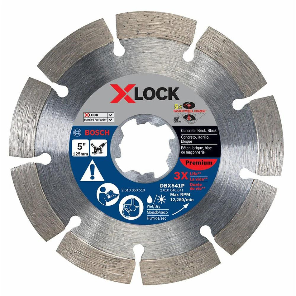 Close-up of Bosch DBX541P 5-inch segmented diamond blade with X-LOCK mount; labeled for cutting concrete, brick, and block.