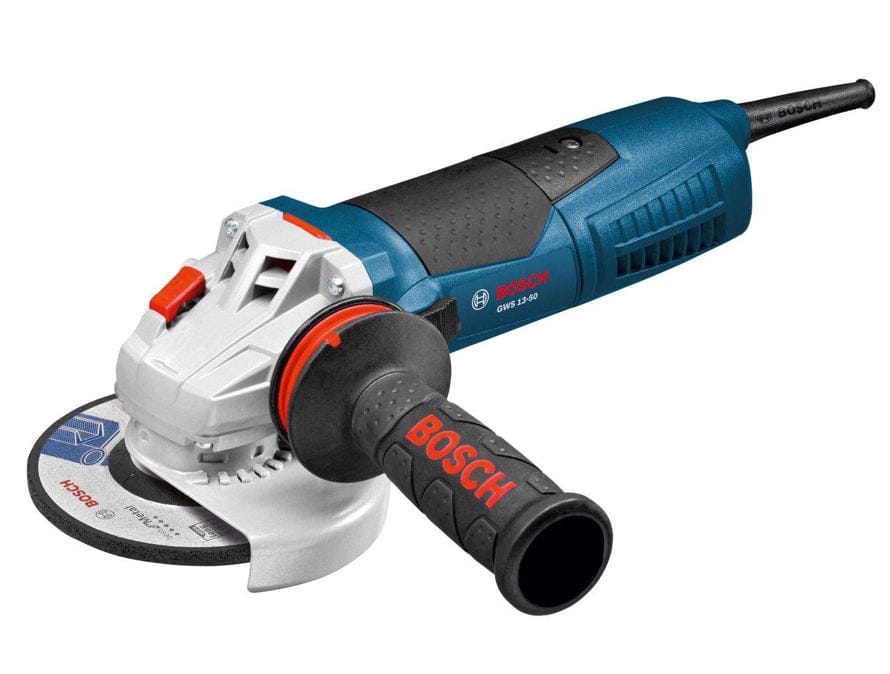 Bosch GWS 7-100 angle grinder with side handle and abrasive disc; compact design and power cord visible.