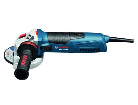 Bosch GWS 13-125 CIE angle grinder with side handle and visible disc; corded tool shown on flat surface