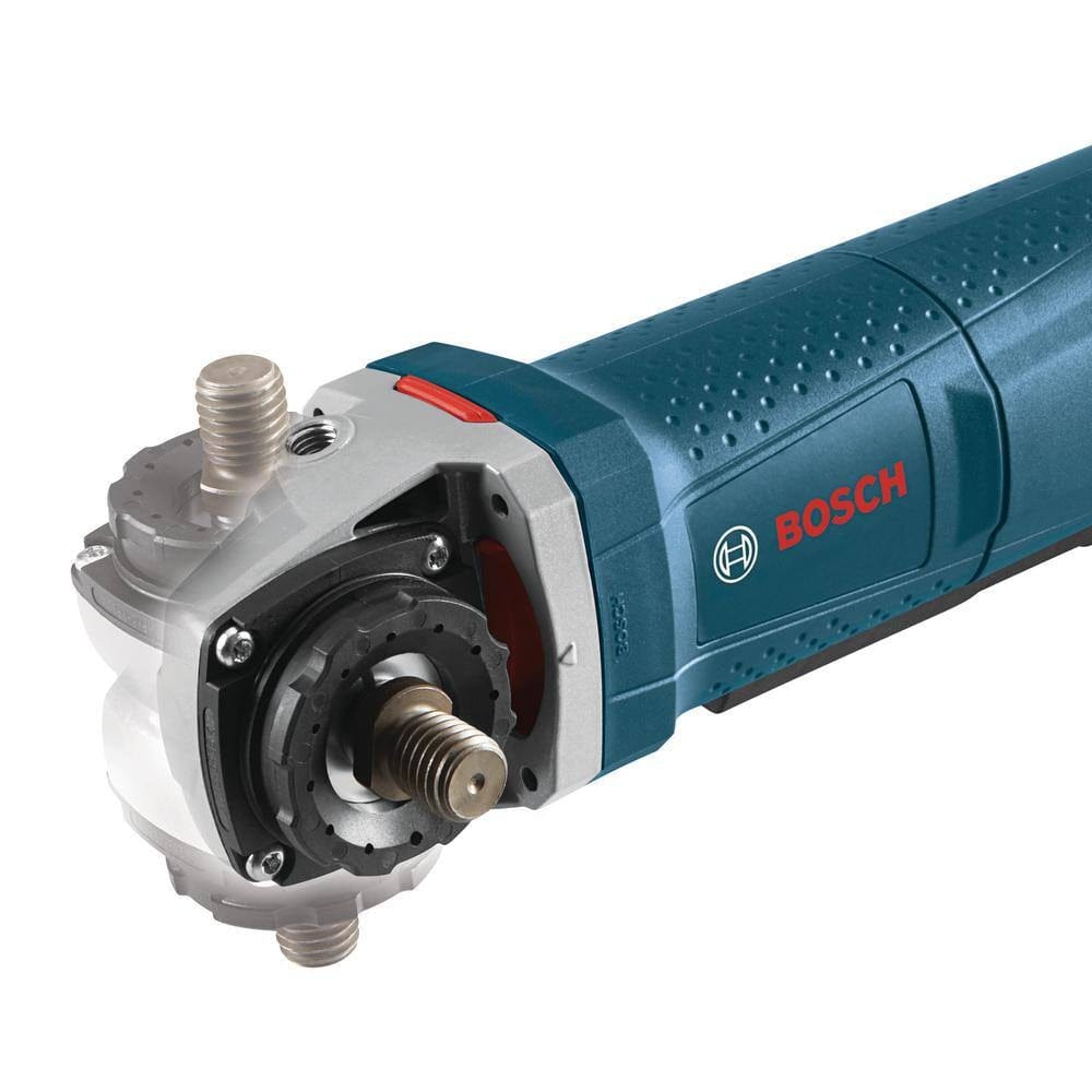 Bosch angle grinder head with gear mechanism and threaded bolts; blue and black body with red branding.