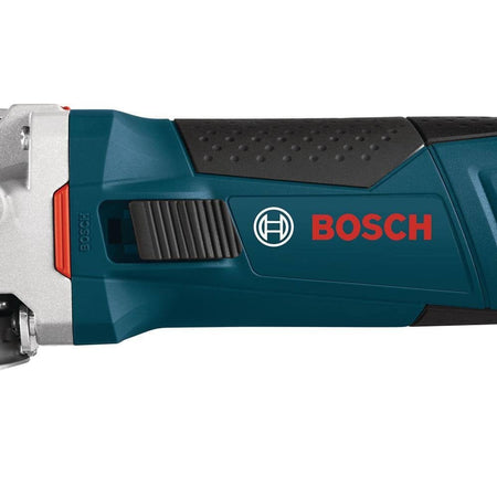 Close-up of Bosch angle grinder handle with textured grip and visible logo; black switch located near grip.