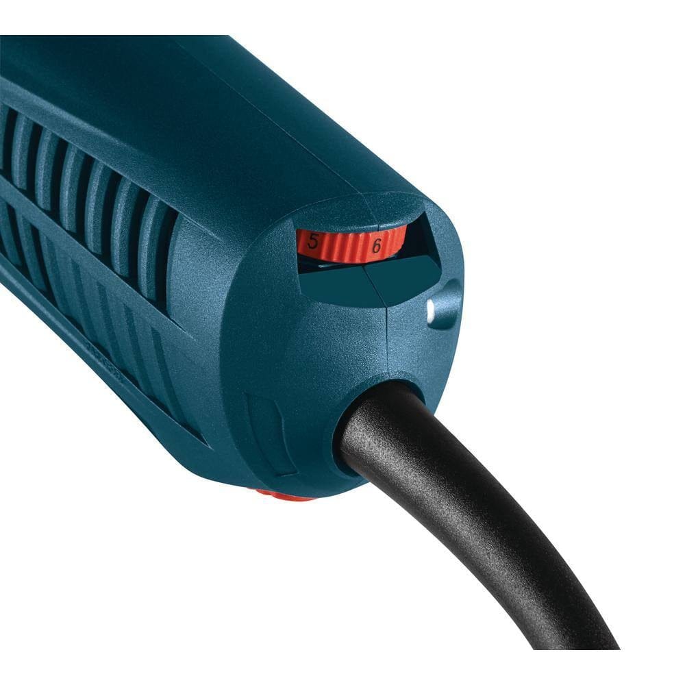 Rear view of Bosch power tool showing red speed dial and power cord; textured grip visible on blue casing.