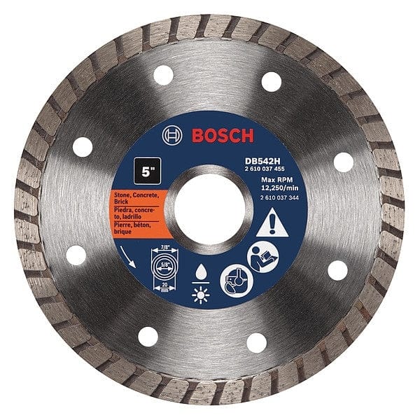 Front view of the Bosch 5 inch Premium Diamond Turbo Rim Blade DB542H for dry cutting concrete and masonry, showing the turbo rim segments and compatible 7/8 inch, 20mm, and 5/8 inch arbors.
