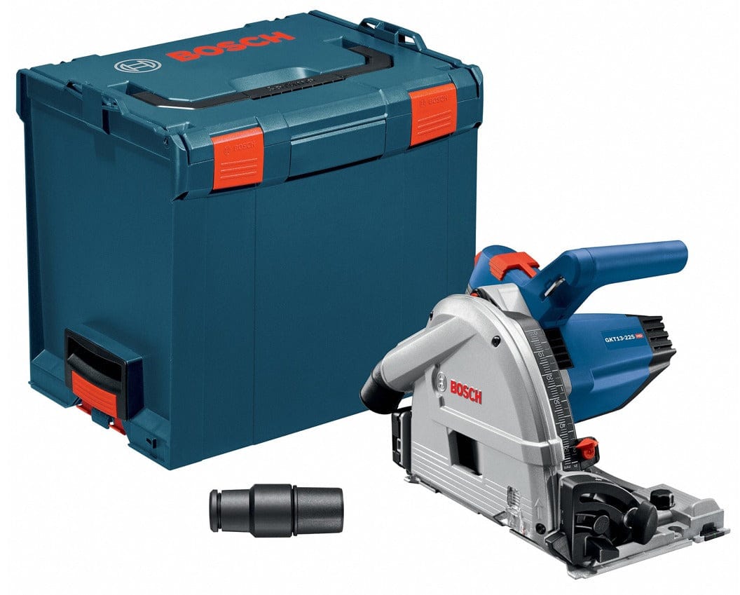 Bosch GKT13-225 plunge saw displayed with blue L-Boxx carrying case and black connector accessory on flat surface