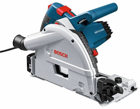 Bosch GKT13-225 track saw with guide rail system, dust port, and measurement scale; designed for precision cuts.