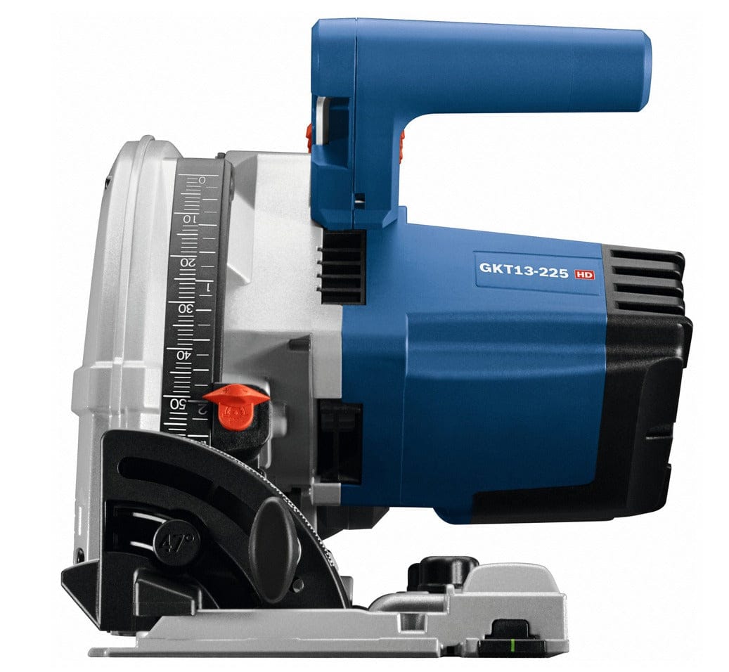 Bosch GKT13-225 plunge saw with depth scale and orange adjustment knobs; silver base plate and labeled casing shown.