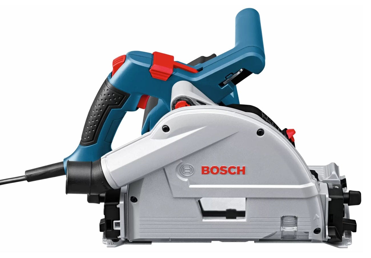 Bosch track saw with ergonomic handle, red adjustment knobs, and silver motor housing; branding clearly visible.