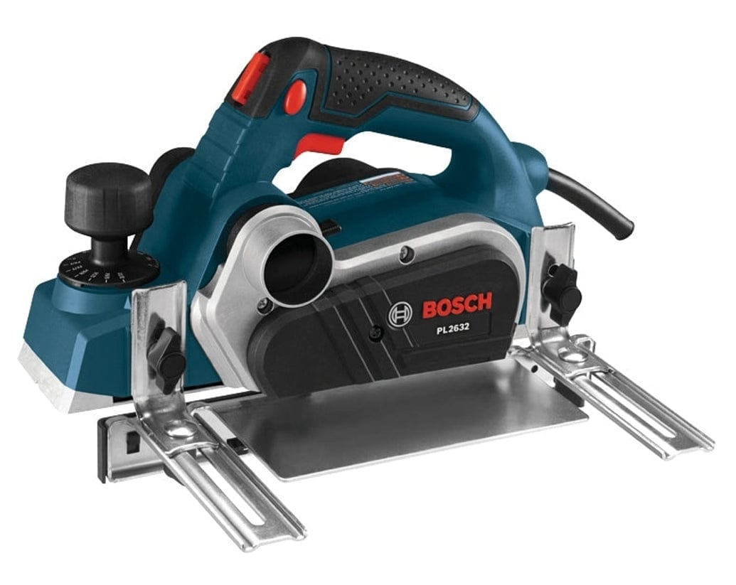 Bosch PL263 planer with rubber grip handle, metal base, and side exhaust port; cord extends from rear.