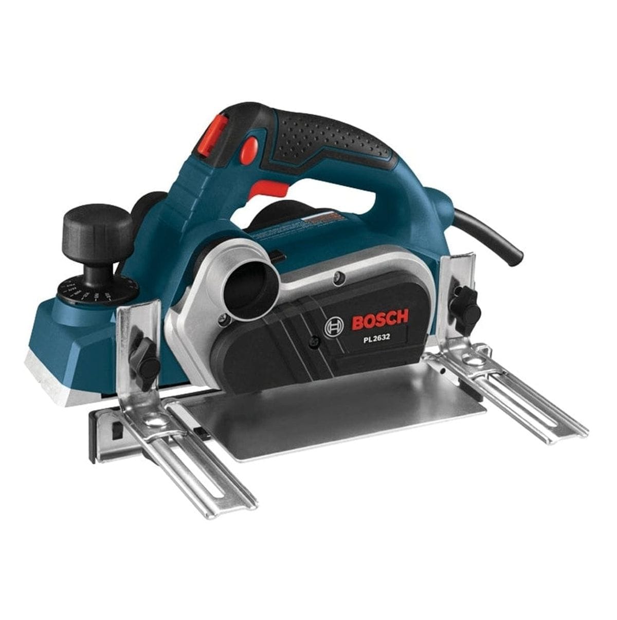Bosch PL263 planer with rubber grip handle, metal base, and side exhaust port; cord extends from rear.