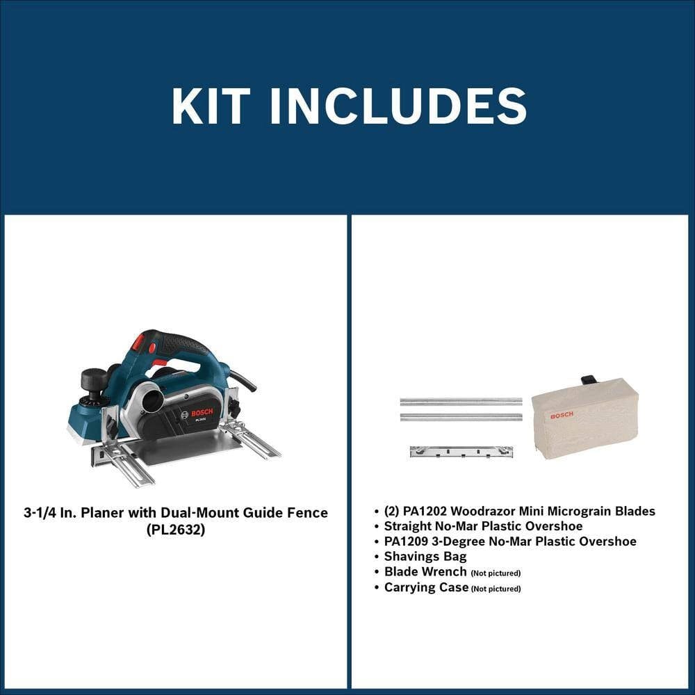 Image showing Bosch PL2632 planer kit contents including blades, guide fence, overshoes, shavings bag, and wrench.