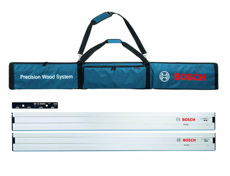 The complete Bosch track saw guide rail kit, showing the two 63-inch aluminum tracks, the FSNVEL track connector, and the blue carrying bag