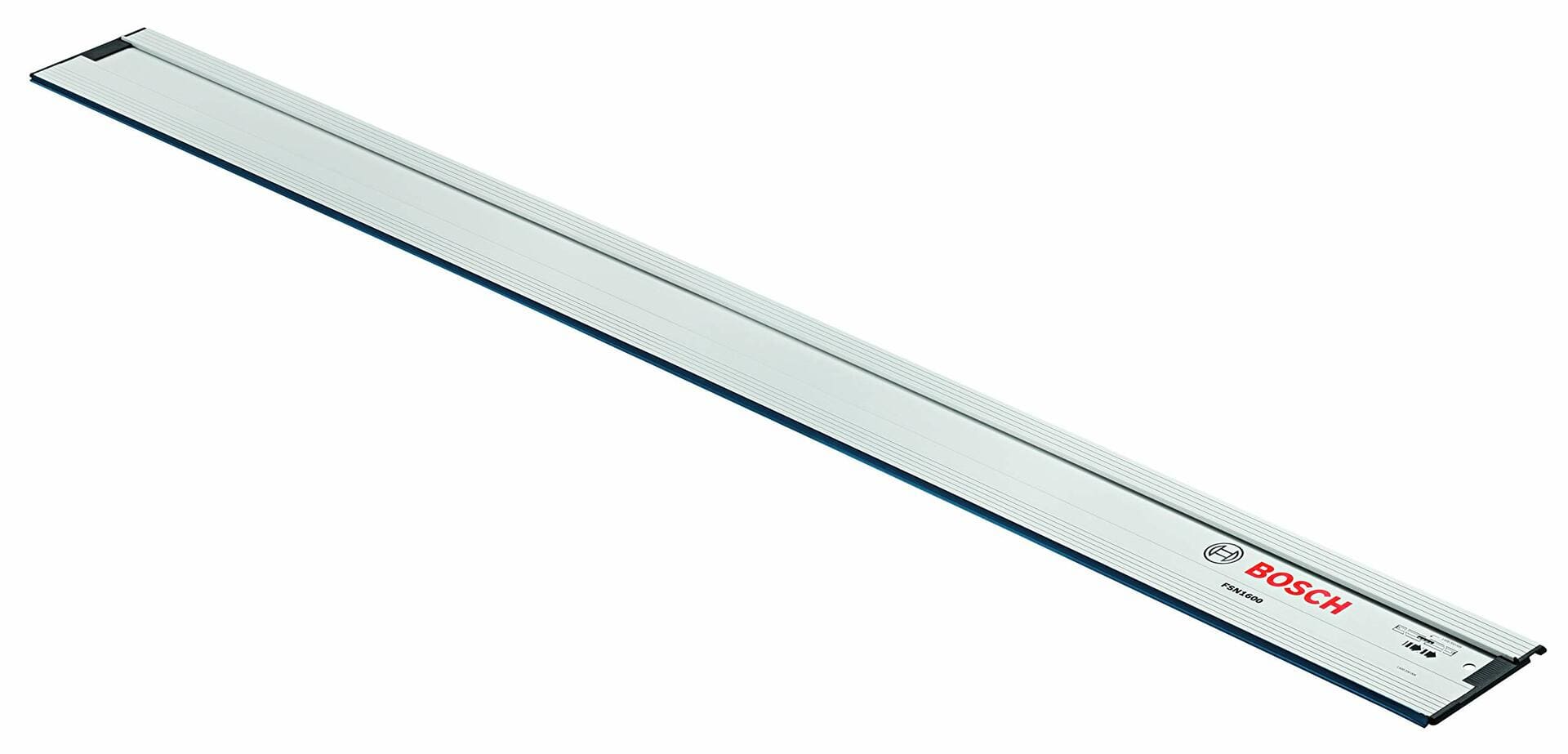 A single Bosch FSN1600 63-inch track saw guide rail shown at a three-quarter angle on a white background.