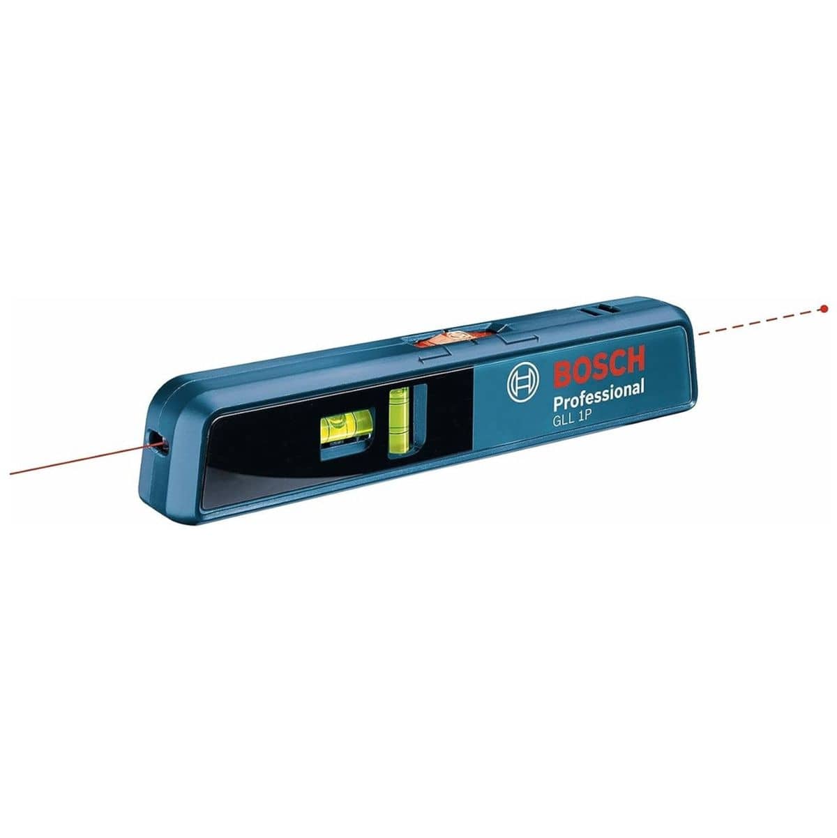 studio photo of the Bosch GLL 1 P compact laser level, showing its horizontal and vertical bubble vials and the laser line and point emitters.