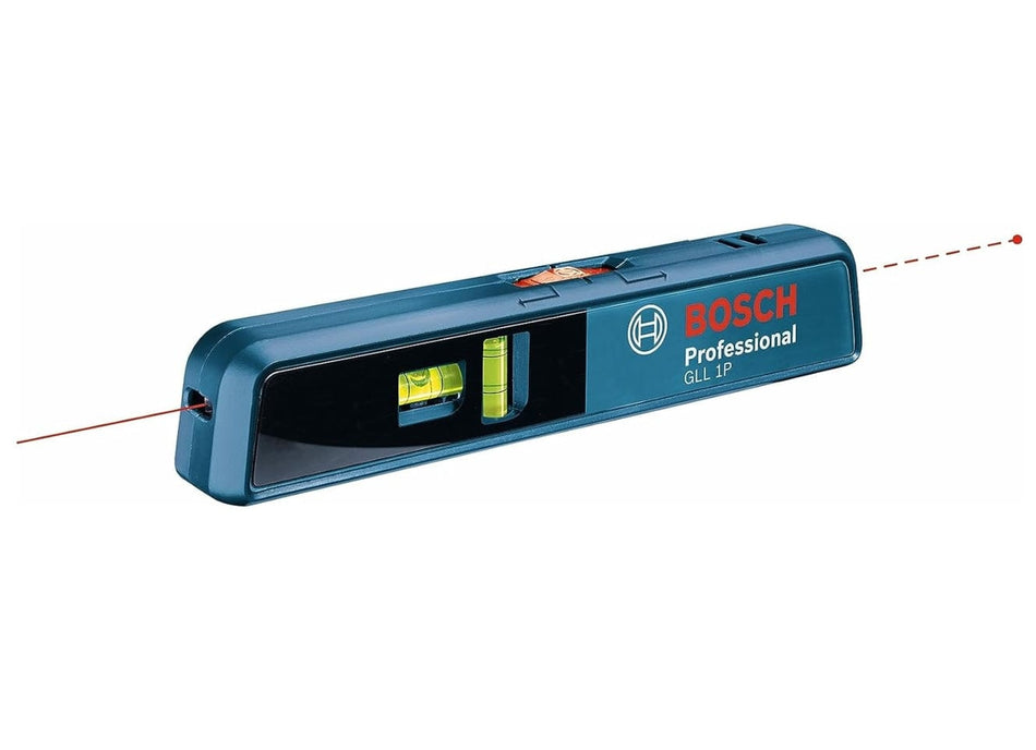 studio photo of the Bosch GLL 1 P compact laser level, showing its horizontal and vertical bubble vials and the laser line and point emitters.