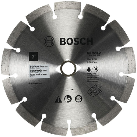 BOSCH DB764SD 7 In. Standard Segmented Rim Diamond Blade for fast cut wet/dry cutting of concrete brick stone