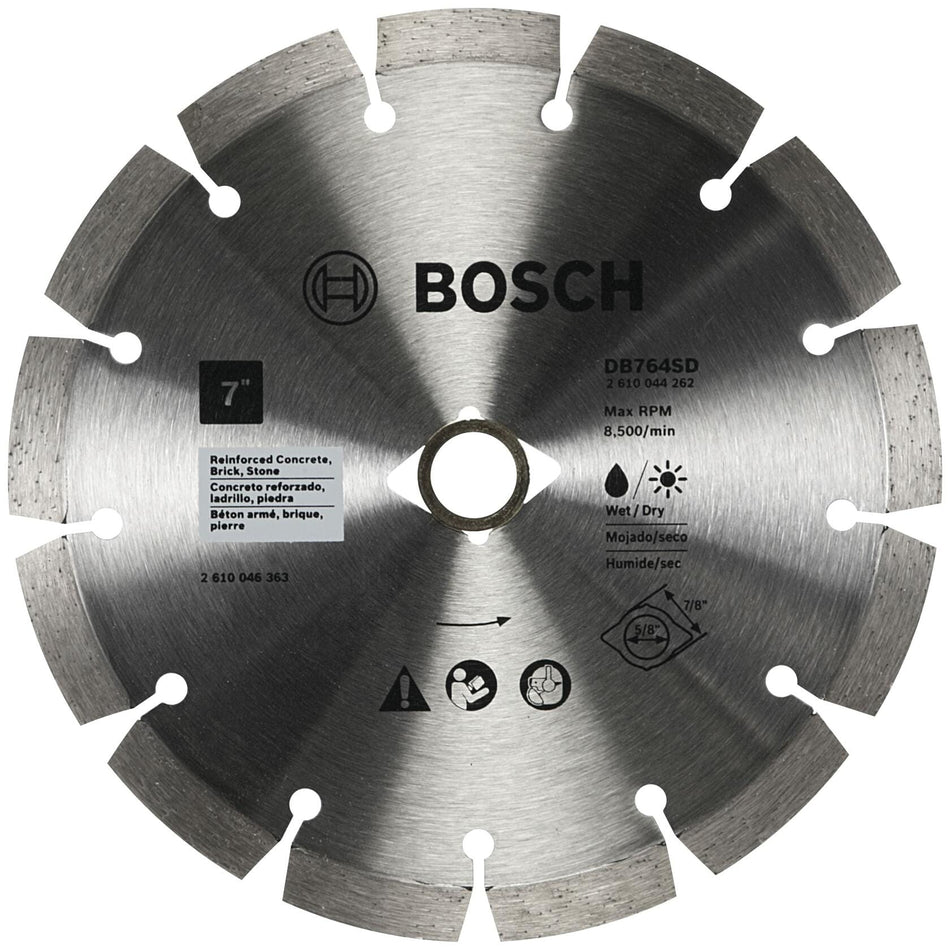 BOSCH DB764SD 7 In. Standard Segmented Rim Diamond Blade for fast cut wet/dry cutting of concrete brick stone