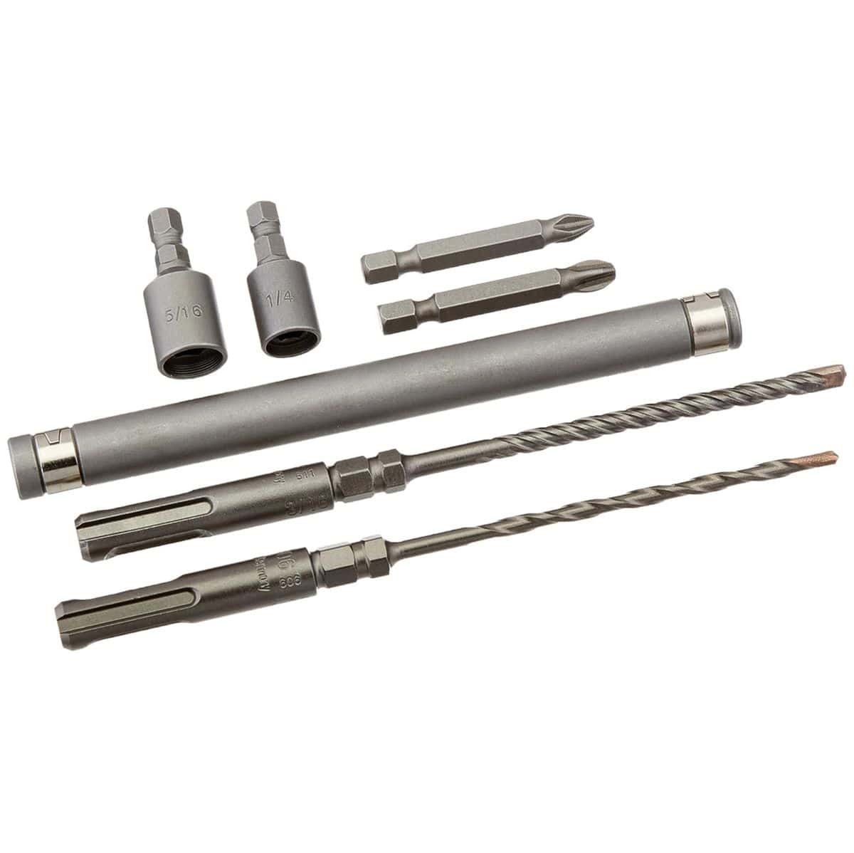 A Bosch 7-piece SDS-Plus Bulldog anchor drive installation kit neatly laid out on a plain white background, displaying the long metal drive sleeve, two slotted hex drive masonry drill bits, two hex nutsetter sockets marked with 1/4 and 5/16 size stamps, and two steel Phillips screwdriver insert bits.