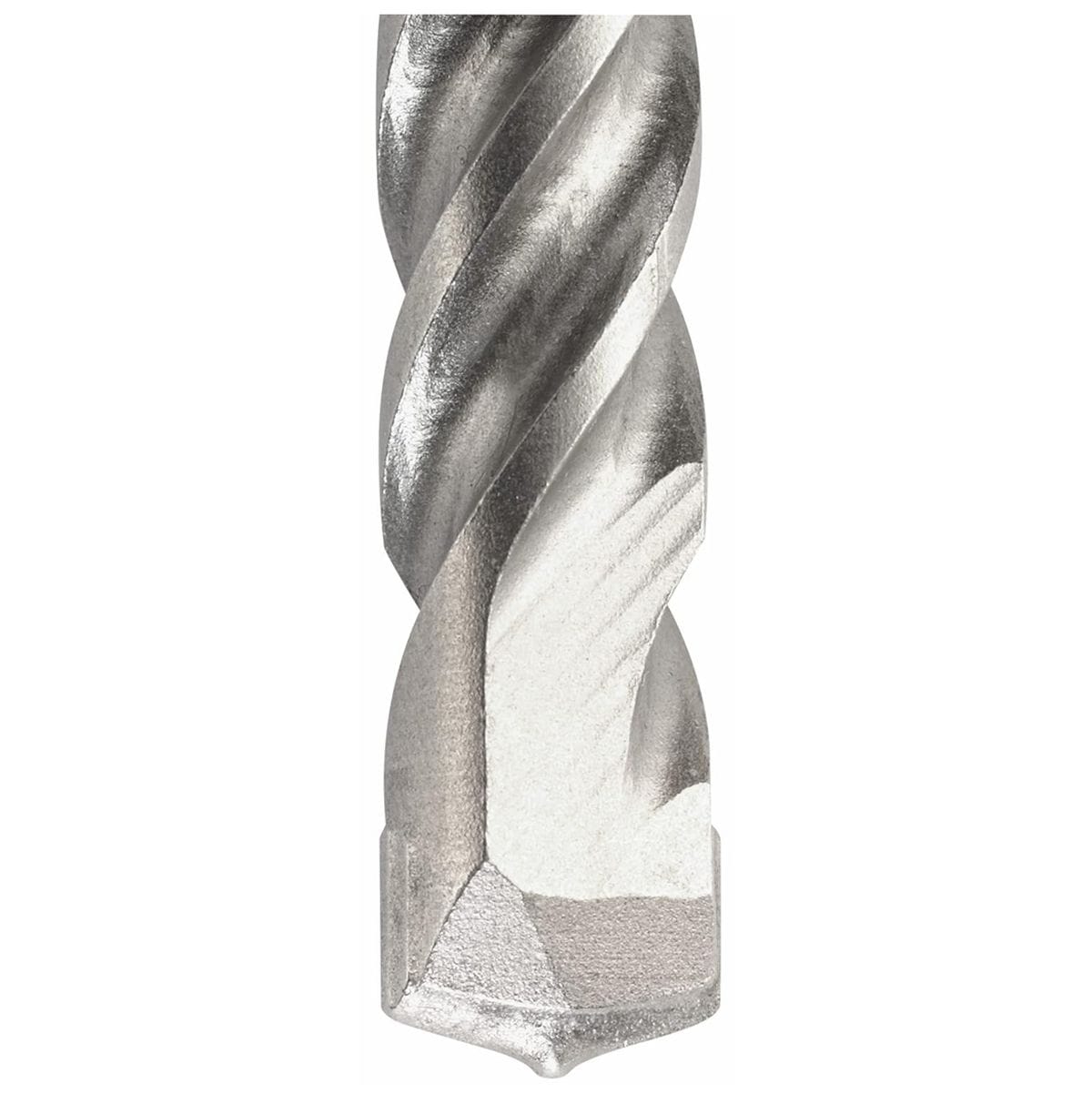 A macro close-up image showcasing the rugged steel spiral flutes and precision-ground centric conical carbide tip of a Bosch Bulldog masonry drill bit engineered for accelerated dust clearance and clean concrete boring.