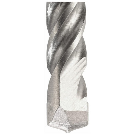 A macro close-up image showcasing the rugged steel spiral flutes and precision-ground centric conical carbide tip of a Bosch Bulldog masonry drill bit engineered for accelerated dust clearance and clean concrete boring.