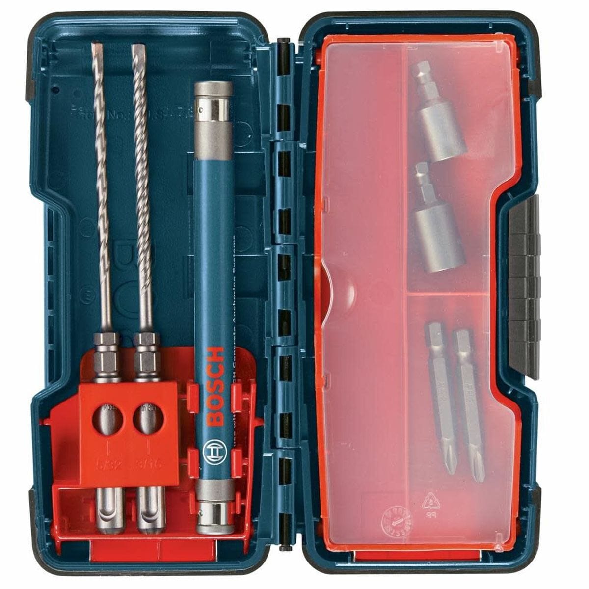 An overhead overhead photo showing the blue Bosch hard shell storage organizer case opened flat, cleanly holding the masonry drill bits, anchor drive sleeve, Phillips screwdriver tips, and nutsetter sockets in customized molded retention slots.