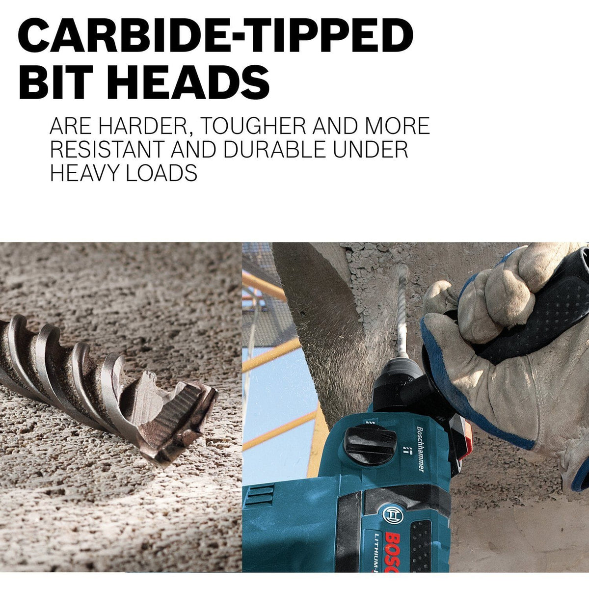 A two-panel promotional split-graphic featuring a close-up text layout titled CARBIDE-TIPPED BIT HEADS, paired next to an action shot of an operator using a blue corded Bosch rotary hammer drill to bore anchor holes into a textured concrete wall substrate.