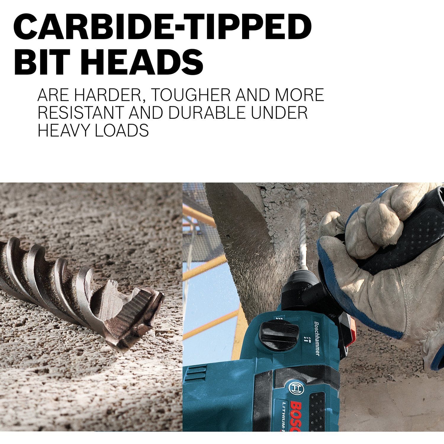 A two-panel promotional split-graphic featuring a close-up text layout titled CARBIDE-TIPPED BIT HEADS, paired next to an action shot of an operator using a blue corded Bosch rotary hammer drill to bore anchor holes into a textured concrete wall substrate.