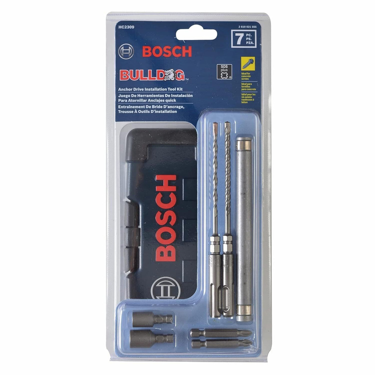 The complete Bosch HC2309 7-piece anchor drive installation tool kit displayed inside its original clear retail clamshell blister packaging, showing the blue paper card labeling with product model details and international translation texts.