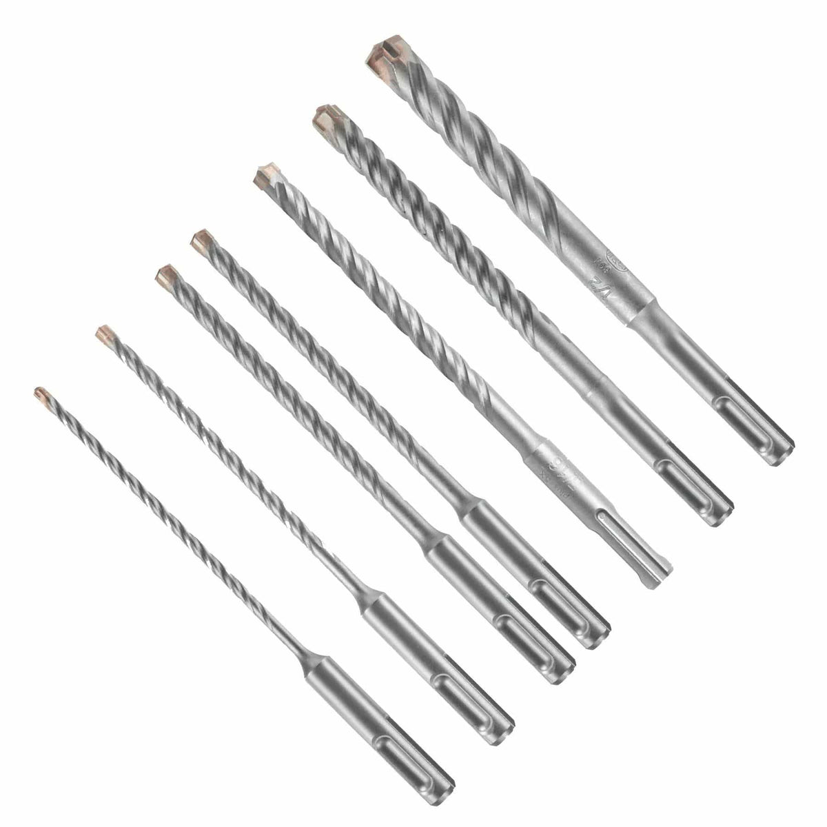 A Bosch 7-piece SDS-Plus Bulldog Tough rotary hammer drill bit set arranged diagonally against a white background, displaying various size bits from thin to thick diameters, each featuring standard quick-change slotted SDS-plus shanks, engraved metric or imperial sizing scales, and robust four-cutter solid carbide heads built for concrete rebar drilling.