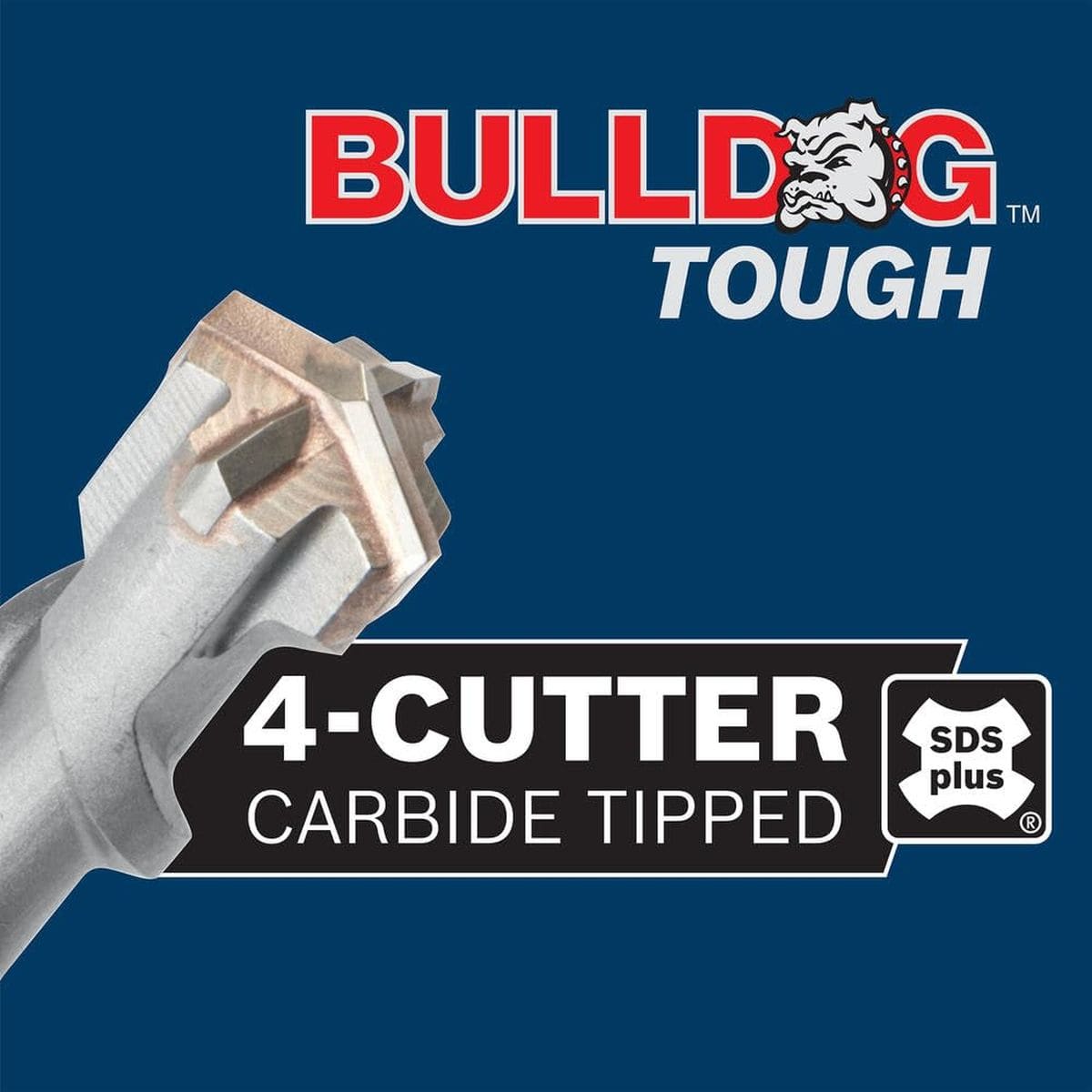 A close-up promotional graphic featuring a detailed view of a Bosch Bulldog Tough 4-cutter carbide-tipped drill bit head against a dark blue background, displaying a white and black label highlighting its universal SDS-plus shank compatibility.