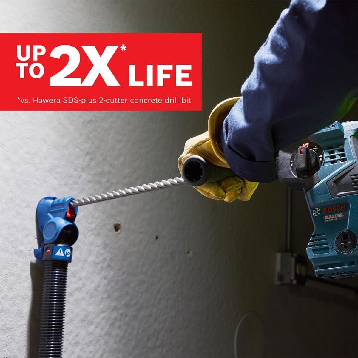 An action image demonstrating a contractor wearing yellow work gloves using a Bosch Bulldog cordless rotary hammer drill to sink an extended four-cutter carbide bit into a poured concrete wall, featuring a bright red header stating UP TO 2X LIFE vs a Hawera SDS-plus 2-cutter concrete drill bit.