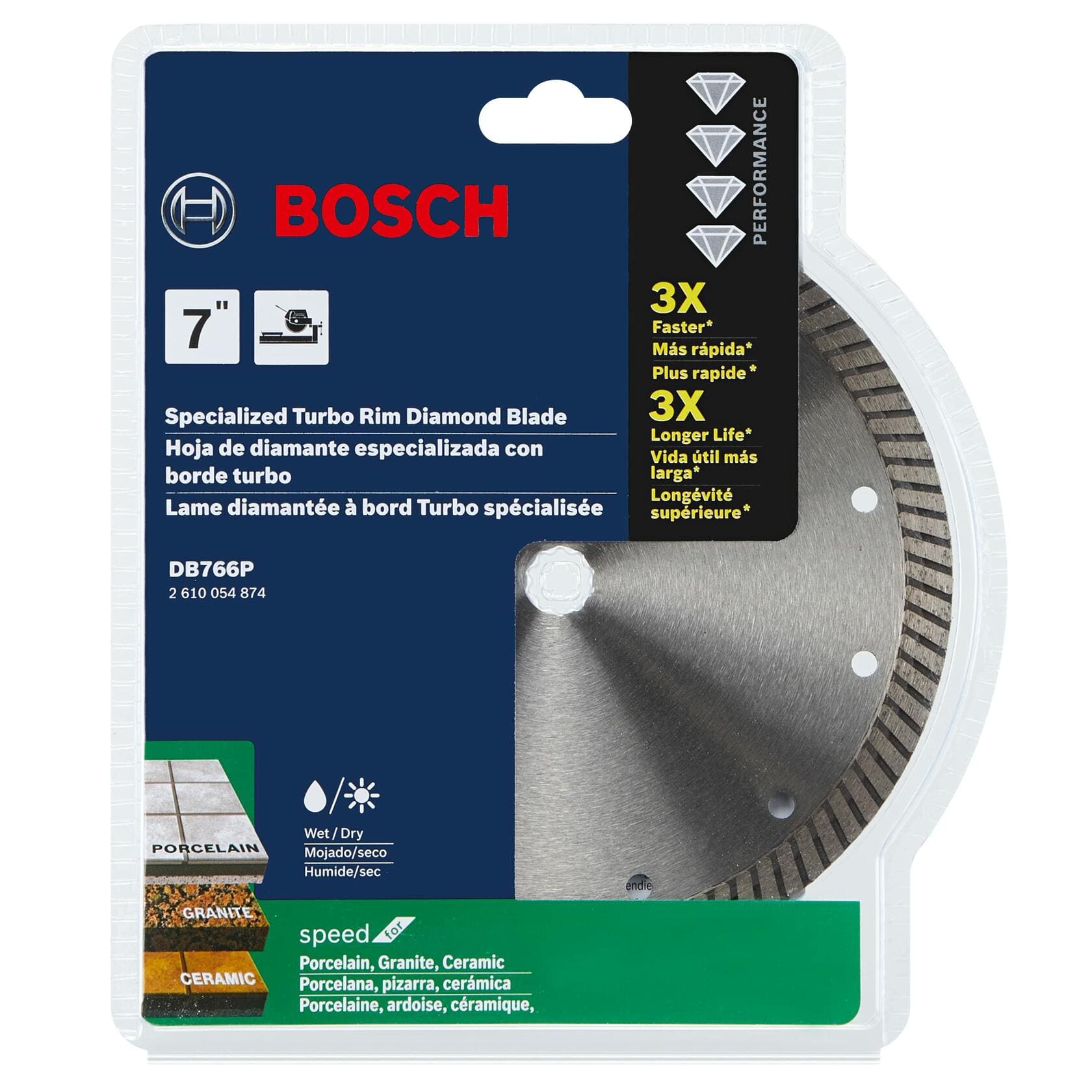 BOSCH DB766P 7 in. Specialized Turbo Rim Diamond Blade 5/8 in. Arbor for fast wet dry cutting porcelain granite ceramic