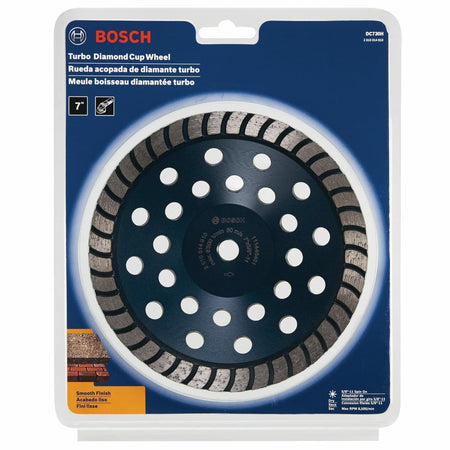 BOSCH DC730H 7 In. Turbo Row Diamond Cup Wheel with 5/8"-11 Hub in retail packaging for smooth finish.