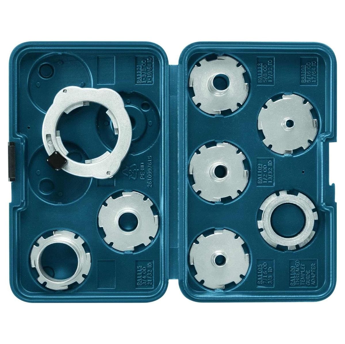 BOSCH 8-Piece Router Template Guide Set RA1128. This overhead shot shows an open Bosch RA1128 8-piece router template guide set, neatly arranged within its deep blue plastic carrying case. The case has two halves, each holding four circular, silver-colored metal template guides of various sizes, with one larger, thicker guide positioned on the left side of the opened case.