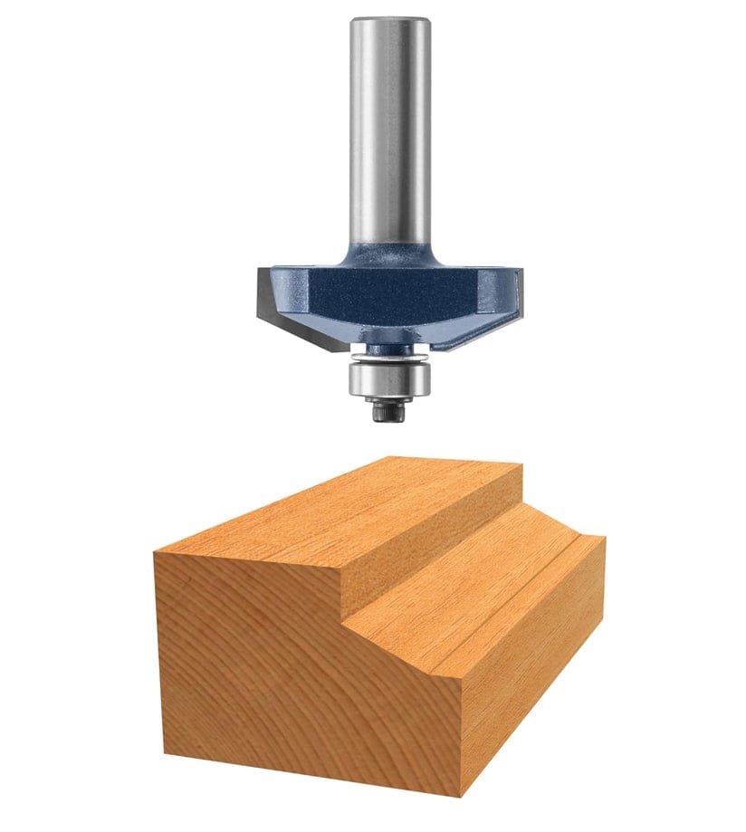 A high-resolution view of the 1-5/8 inch diameter Bosch raised panel bit, featuring a 1/2 inch shank and a ball-bearing pilot for smooth, controlled decorative routing on cabinet doors.