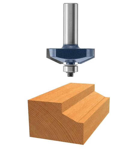 A high-resolution view of the 1-5/8 inch diameter Bosch raised panel bit, featuring a 1/2 inch shank and a ball-bearing pilot for smooth, controlled decorative routing on cabinet doors.